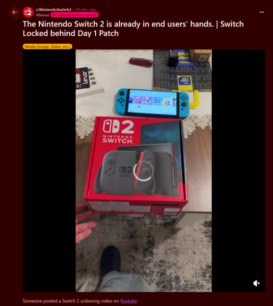 Video unboxing di Nintendo Switch 2 post su Reddit (Fonte: subreddit Nintendo Switch 2)