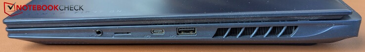 A destra: USB-A 3.2 Gen 2, USB-C con Thunderbolt 4 (PD 3.0, DP 1.4, USB 4), lettore di schede micro SD, jack per le cuffie