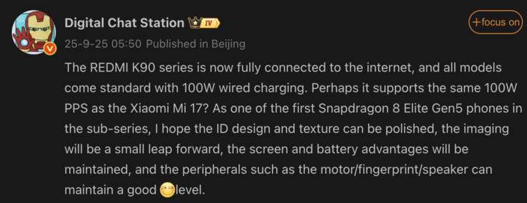 Informazioni trapelate sulla serie Redmi K90. (Fonte immagine: Weibo - traduzione automatica)