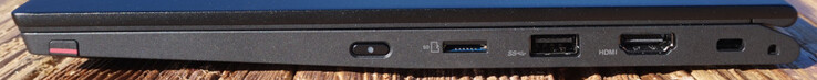 A destra: ThinkPad Pen Pro, pulsante di accensione, microSD, USB-A (10 Gbps), HDMI 2.0, Kensington Lock