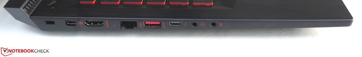 Lato Sinistro: Kensington Lock, Mini-DisplayPort, HDMI, RJ45-LAN, USB 3.0, Thunderbolt 3, cuffie, microfono