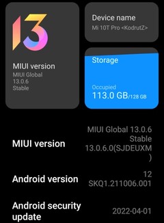 Dettagli della MIUI 13.0.6 su Xiaomi Mi 10T Pro (Fonte: Own)
