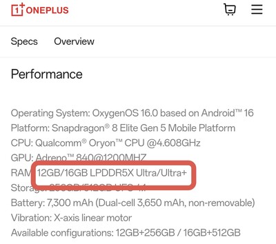 RAM di OnePlus 15