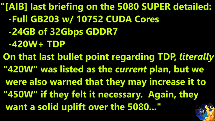 Le specifiche della RTX 5080 Super trapelano. (Fonte immagine: Moore's Law Is Dead su YouTube)