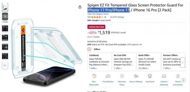 Un presunto screen-grab dell'aggiornamento della pagina Amazon di Spigen trapelato. (Fonte: GSMArena)