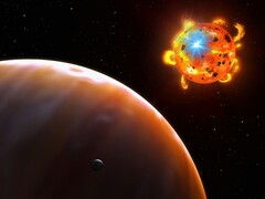 Un'illustrazione che mostra una stella, un esopianeta e un satellite naturale.