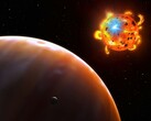 Un'illustrazione che mostra una stella, un esopianeta e un satellite naturale.