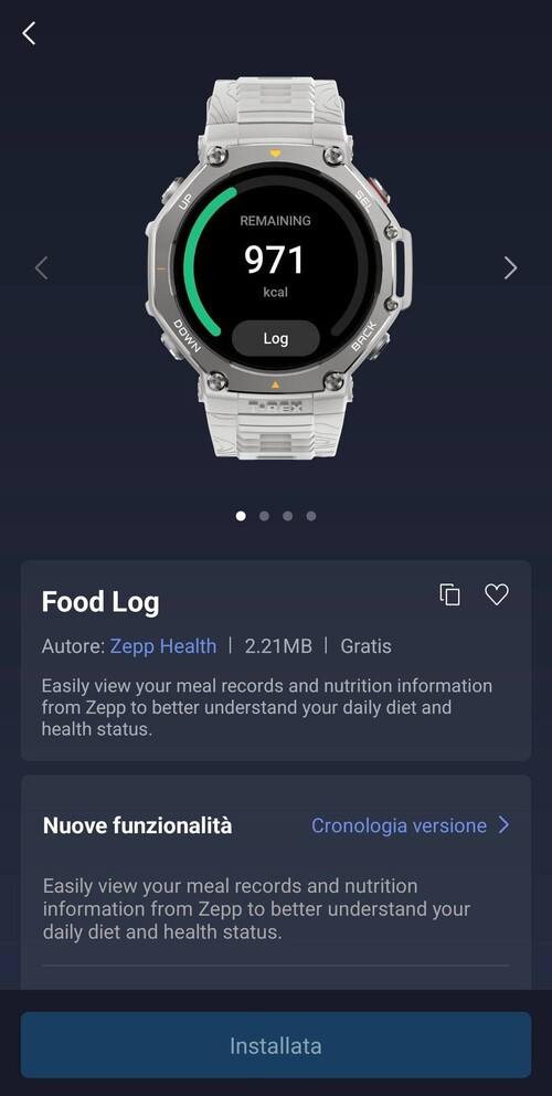 Una schermata della nuova App Amazfit Food Log Mini. (Fonte immagine: Matteo Calori via Amazfit Official Outdoor Community Facebook Group)