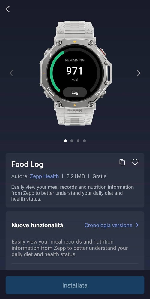 Una schermata della nuova App Amazfit Food Log Mini. (Fonte immagine: Matteo Calori via Amazfit Official Outdoor Community Facebook Group)