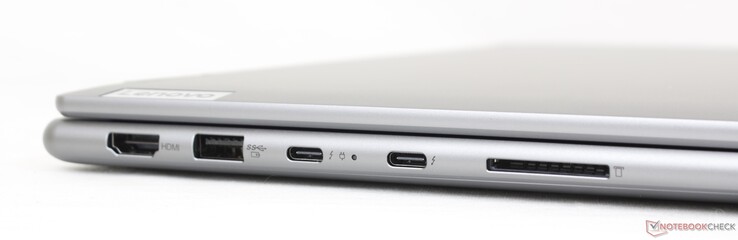A sinistra: HDMI 2.0, USB-A 3.2 Gen. 1, 2x USB-C con Thunderbolt 4 + PD + DP, lettore di schede SD