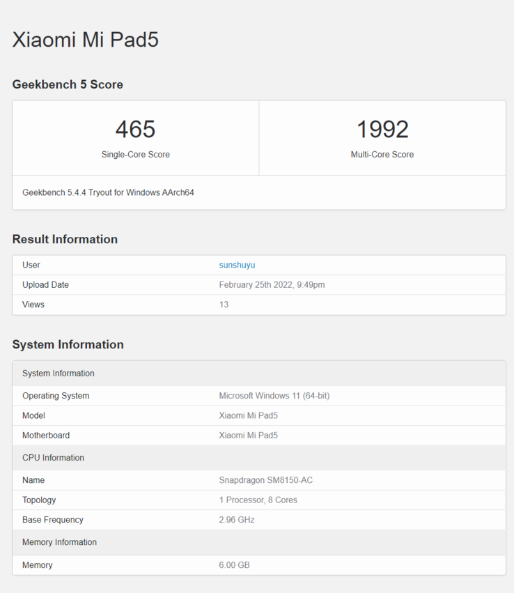 Mi Pad 5 Windows 11 punteggio Geekbench (immagine via ITHome)