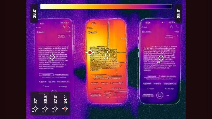 Apple iPhone 17 Pro (a sinistra) vs iPhone 16 Pro (al centro) vs iPhone 17 (a destra) prestazioni di raffreddamento. (Fonte immagine: Argmax)