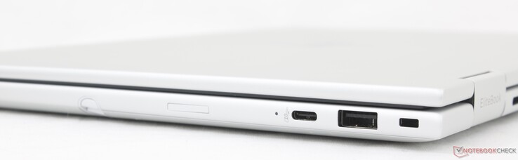 A destra: USB-C 3.2 Gen. 1 (10 Gbps) con DisplayPort 1.4 + Power Delivery, USB-A (5 Gbps), Blocco di sicurezza, slot Nano-SIM (opzionale)