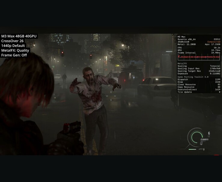 Resident Evil Requiem in esecuzione su M3 Max Mac tramite CrossOver 26 a 1440p con MetalFX Quality mostra circa 50 FPS.