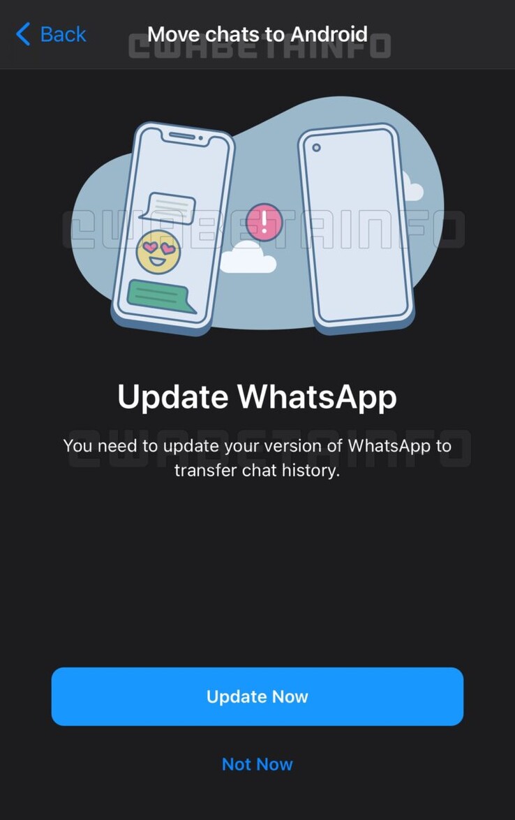 Ecco come potrebbe essere il trasferimento della chat multipiattaforma di WhatsApp (immagine via WABetainfo)