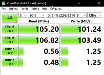 CrystalDiskMark 8 su qualcosa di più comunemente usato per lo storage esterno, un HDD esterno Toshiba collegato via USB 3.0. Notate i grandi miglioramenti nelle letture e scritture casuali.