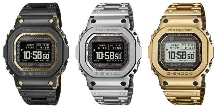 Da sinistra a destra: gli orologi Casio G-Shock GMW-BZ5000BD-1, GMW-BZ5000D-1 e GMW-BZ5000GD-1. (Fonte: Casio)