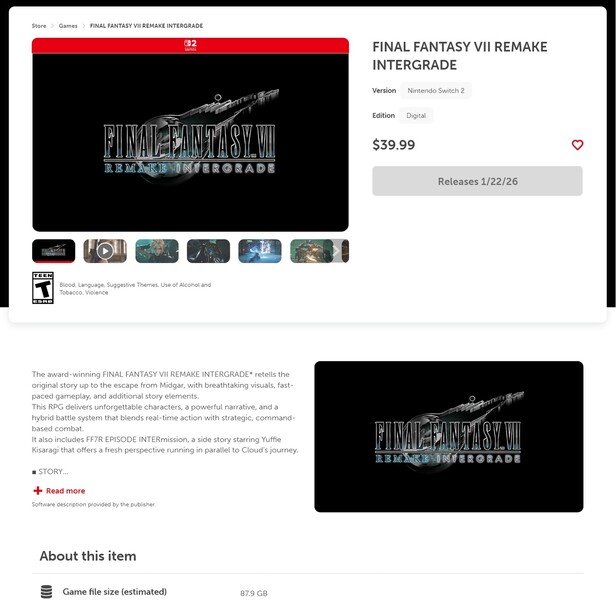 Final Fantasy 7 Remake Intergrade è stato inserito nel Nintendo eShop con le dimensioni del file (Fonte immagine: screenshot, Nintendo eShop)