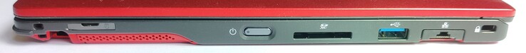 Lato destro: slot per la penna, slot per scheda SIM, pulsante di alimentazione, lettore di schede SD, 1x USB Type-A 3.1 Gen1, GigabitLAN, Kensington Lock