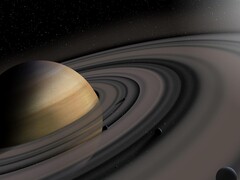 Un'illustrazione d'artista che mostra gli anelli di Saturno e diverse lune.