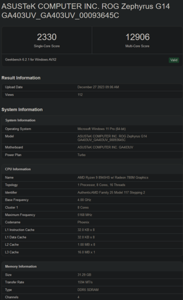 Elenco Geekbench di Ryzen 9 8945HS (immagine via Geekbench)