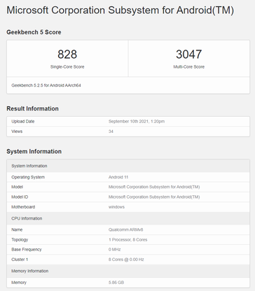 Elenco di Geekbench del sottosistema Windows 11 Android su ARM. (Fonte: Geekbench)