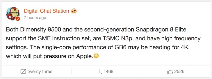 I SoC di prossima generazione Snapdragon 8 Elite Gen 2 e Dimensity 9500 presenteranno notevoli miglioramenti delle prestazioni. (Fonte immagine: DCS via Weibo)