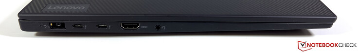 A sinistra. Alimentazione (Slim Tip), 2x USB-C 4.0 con Thunderbolt 4 (40 GBit/s, DisplayPort modalità ALT 1.4, Power Delivery 3.0), HDMI 2.1, audio 3,5 mm
