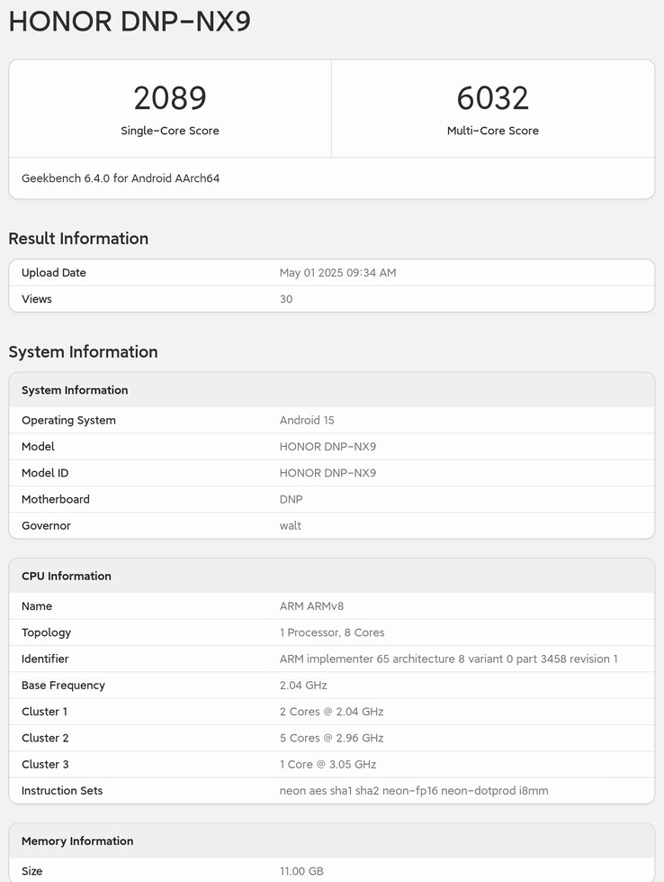 Il "Honor 400 Pro" su Geekbench.  (Fonte: Geekbench via Digital Chat Station)