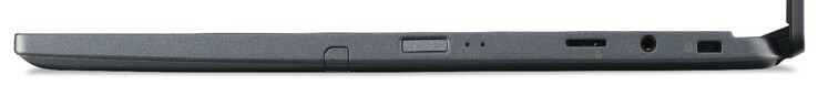 Lato destro: Pulsante di accensione/scanner di impronte digitali, lettore di schede di memoria (microSD), audio combo, slot per il blocco del cavo