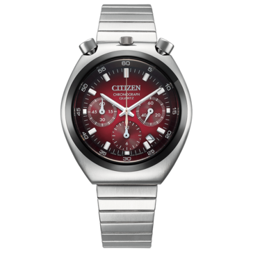 Vista frontale del Citizen Tsuno Chronograph AN3714-84Z, con quadrante rosso sfumato,