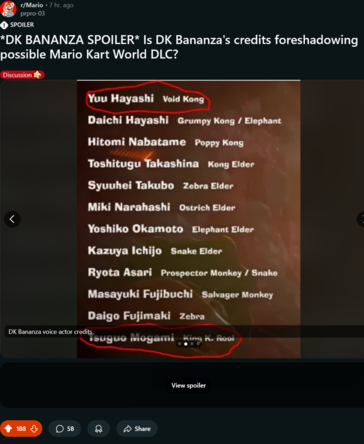 Crediti Donkey Kong Bananza (Fonte immagine: screenshot, subreddit Mario)