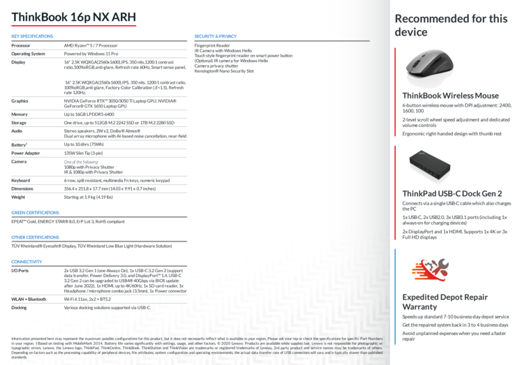 Specifiche del Lenovo ThinkBook 16p NX