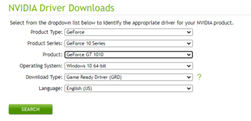 GT 1010 indicata nella pagina di download dei drivers NVIDIA. (Fonte: NVIDIA)