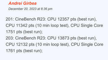 Risultati del benchmark Cinebench R23 prima (201) e dopo (203) l'aggiornamento del BIOS (Fonte immagine: UltrabookReview)