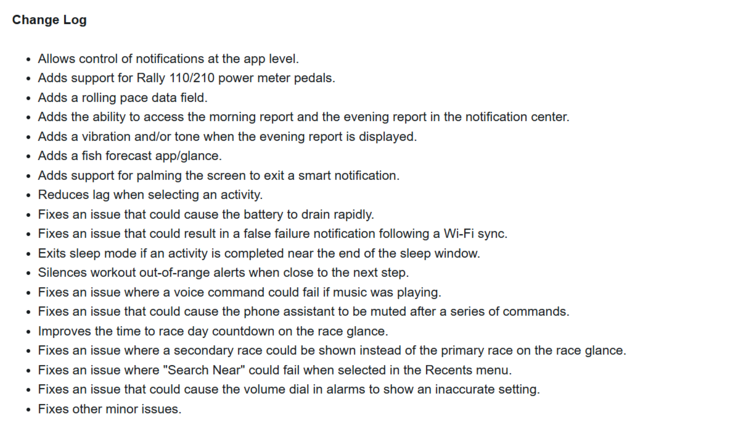 Le note di rilascio della versione beta 15.05 per gli smartwatch Garmin Forerunner 570 e Forerunner 970. (Fonte: Garmin)