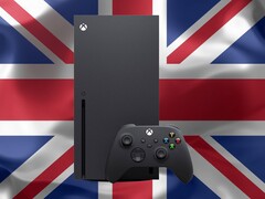Xbox Series X vista davanti alla bandiera del Regno Unito