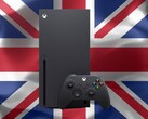 Xbox Series X vista davanti alla bandiera del Regno Unito