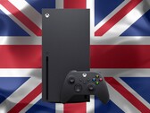 Xbox Series X vista davanti alla bandiera del Regno Unito