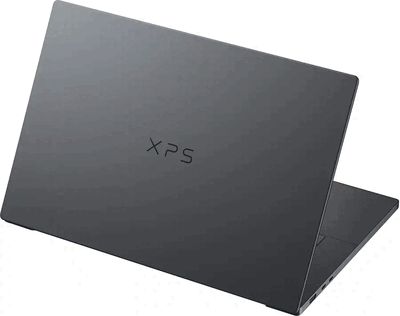 Dell XPS 16 visto da dietro con la sua finitura scura e il logo XPS