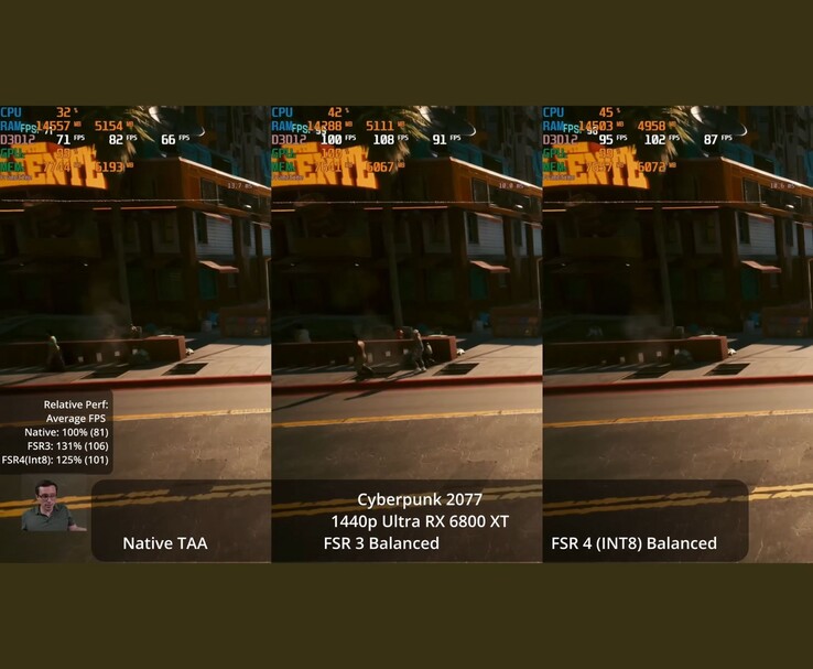 Confronto fianco a fianco di Cyberpunk 2077 in esecuzione a 1440p Ultra su una RX 6800 XT, con TAA nativo, FSR 3 bilanciato e FSR 4 bilanciato. (Fonte immagine: Daniel Own via YouTube)