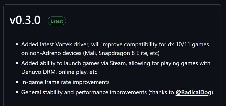 Changelog del nuovo aggiornamento (fonte immagine: GitHub)