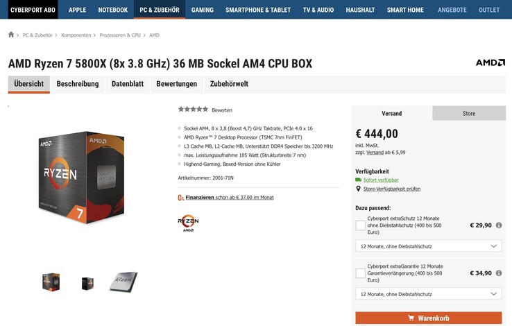 L'AMD Ryzen 7 5800X non è molto ben posizionato in Germania