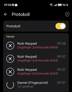 Gli inserimenti di PIN errati vengono registrati nell'app Nuki.
