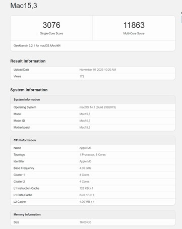 Apple M3 in una prova di Geekbench 6.2. (Fonte: Geekbench)