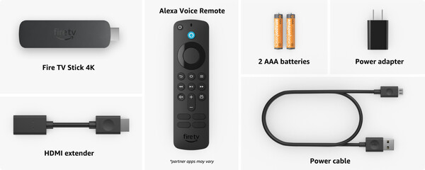 Tutti e tre gli streaming stick vengono forniti con un estensore HDMI, un adattatore di corrente e batterie per il telecomando. (Fonte immagine: Amazon)