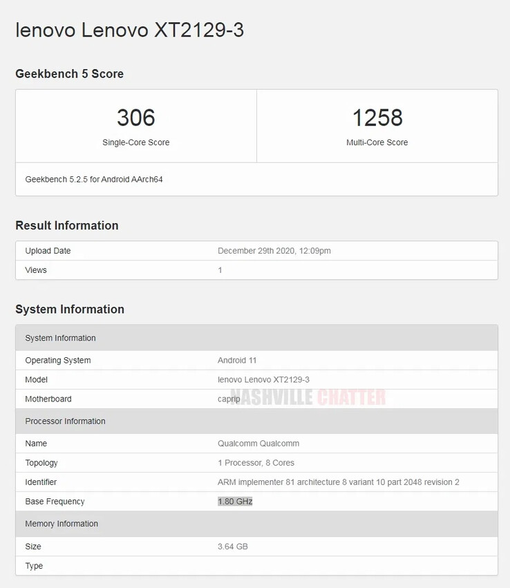 Il "Motorola Capri Plus" su Geekbench. (Fonte: Geekbench via NashvilleChatter)