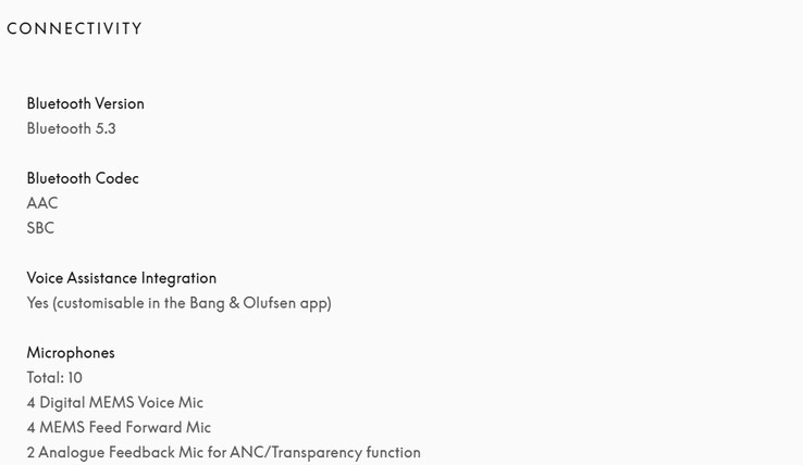 La pagina del prodotto di Bang &amp; Olufsen negli Stati Uniti elenca ora solo il supporto AAC e SBC. (Fonte: Bang &amp; Olufsen)