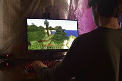 L'immagine mostra una persona che gioca a Minecraft su un PC 