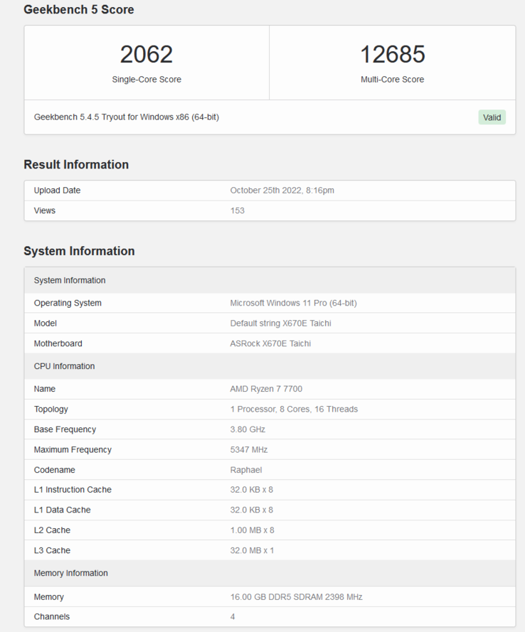 AMD Ryzen 7 7700 su Geekbench (immagine via Geekbench)